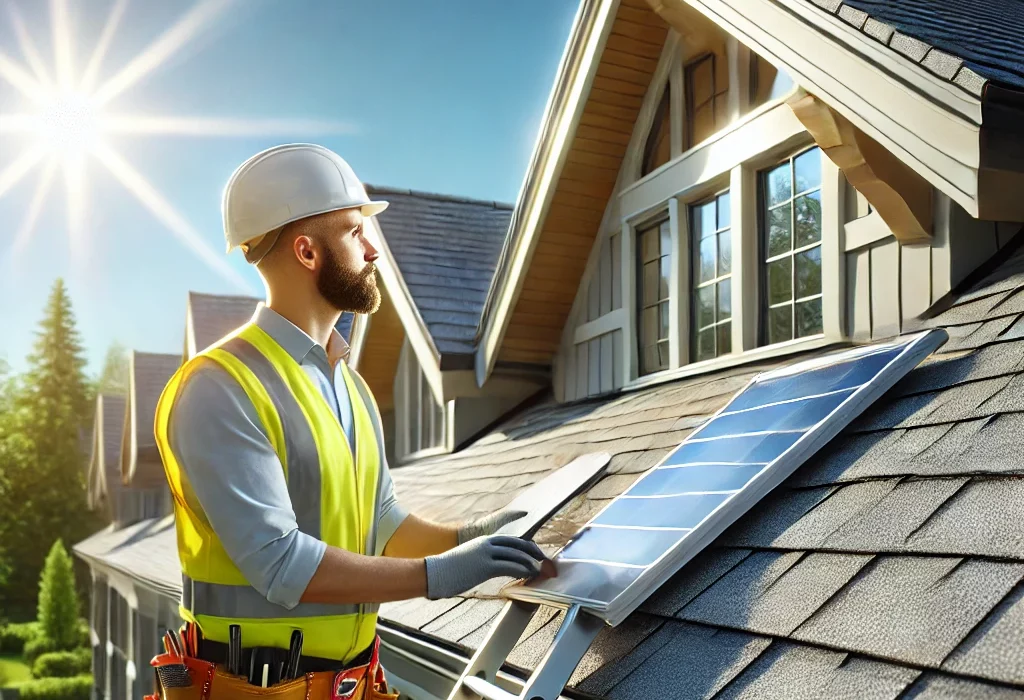 image of a modern, bright home with a roofing inspector examining the roof.