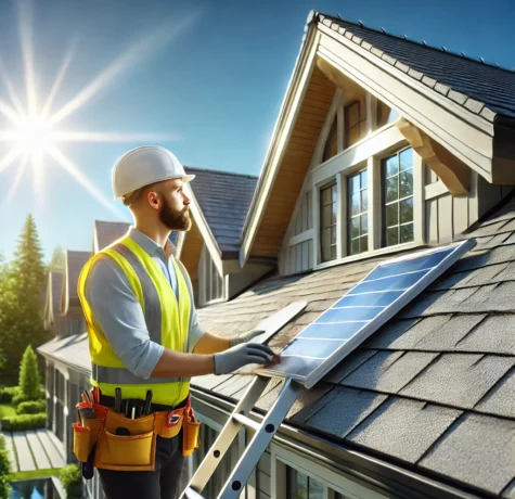 image of a modern, bright home with a roofing inspector examining the roof.