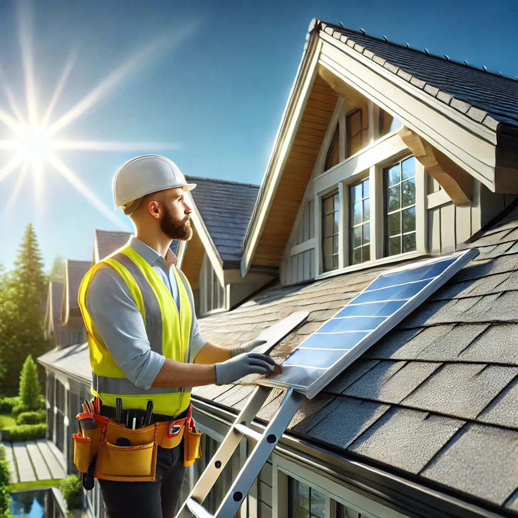 image of a modern, bright home with a roofing inspector examining the roof.